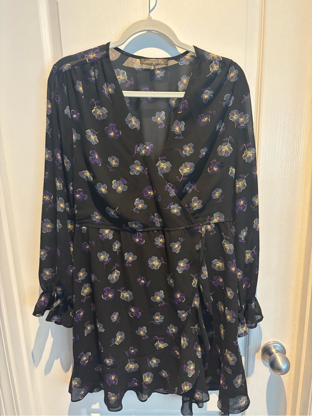 Dynamite Black Floral Wrap Dress - Long Sleeve